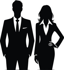 Businessmen and women, groups of people at work. Isolated vector silhouettes