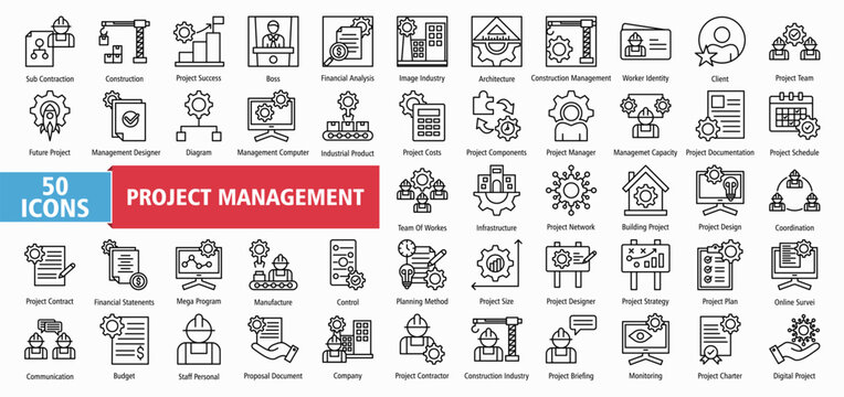 Project construction management icon collection set vector illustration. Containing subcontractor, design, success, boss, financial analysis, image industry, architecture icon. Simple line vector.