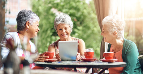 Coffee shop, smile and tablet with senior women at table outdoor together for bonding or social media. Happy, love or smile and elderly friends at sidewalk cafe with technology for app or memories