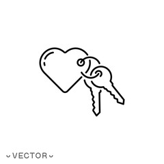 heart with key icon, concept open love, thin line symbol isolated on white background, editable stroke eps 10 vector illustration