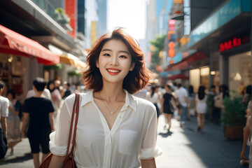 A woman is walking down a busy street with a smile on her face