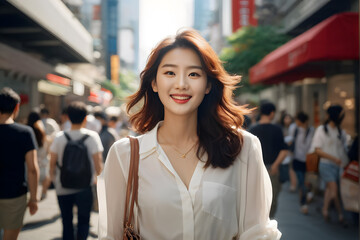 A woman is walking down a busy street with a smile on her face