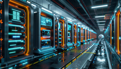 Futuristic logistics center with robotic sorters and holographic data displays, advanced technology, sleek design, vibrant colors, ultrahigh definition, digital art