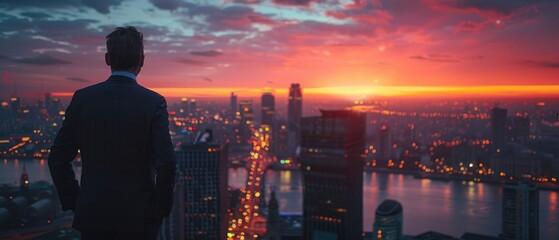 Fototapeta premium Businessman gazing at a stunning city skyline during sunset, capturing urban beauty and inspiration. High rise buildings and calm river included.