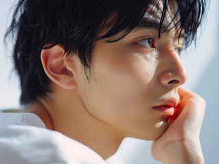 アジア人男性 メンズビューティー 横顔のクローズアップ