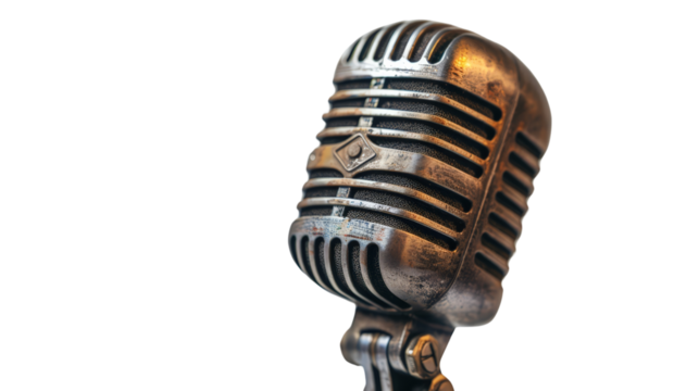 Vintage microphone isolated on white background, perfect for music, podcast, or broadcast themes. Retro style, antique metal finish.