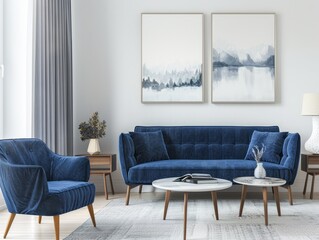 Modern interior with blue sofa, curtains. Armchair and table. Posters on white wall. Wooden accessories. Home decor. Generative AI