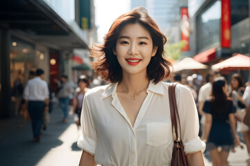 A woman in a white shirt and red lipstick stands in a busy street