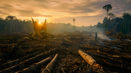 Deforestation Landscape Photo:  Sunlight Through Fallen Trees at Sunset