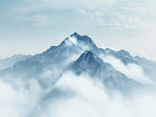 Obraz premium Mountains in the fog. Beautiful background with empty copy space. Mountain peak with clouds. Minimalist backdrop. Nature, success, travel, holiday concept.