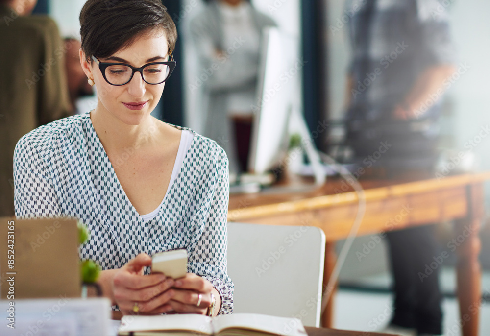 Poster phone, typing and business woman at desk with online chat, research and networking on social media. 