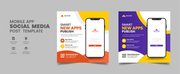 Mobile apps promotion social media post and web banner template. apps, mobile mockup, poster, flyer, brochure, leaflet, banner.