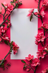 Obraz premium A pink background with flowers and a blank white paper.