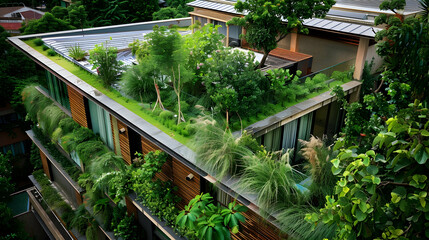 Fototapeta premium Green Roof Architecture - Modern Building with Lush Greenery - Photo