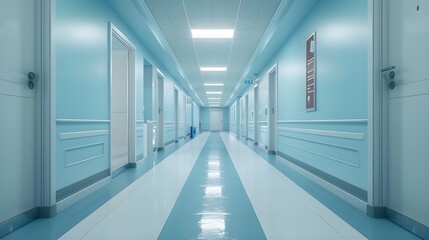 Obraz premium Hospital corridor floor with rooms background, empty space scene, clinic interior tunnel background, hallway, pathway for mock up with Generative AI.