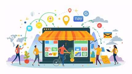 A group of people are walking around a store with a laptop on display