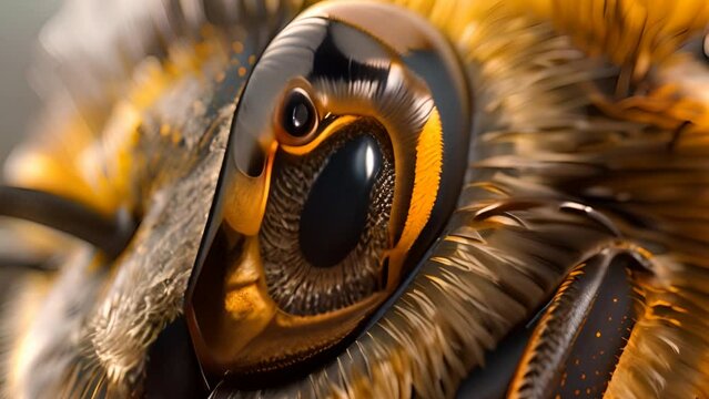 Incredibly detailed and sharp rendering of a bee's eye. Emphasizing the intricate patterns and colors of the iris. Delicate eyelashes and clear cornea Provides bright and realistic images