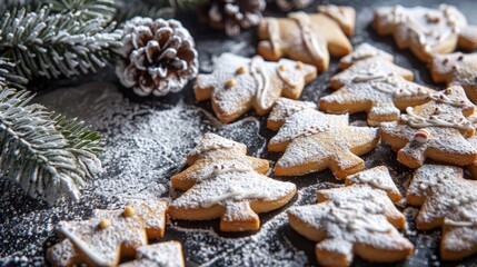 Fototapeta premium Christmas themed homemade cookies with powdered sugar icing Winter themed baked treats with fir tree branches covered in snow