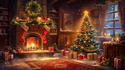 A cozy, festive room with a decorated Christmas tree, stockings hanging by a lit fireplace, and presents scattered under the tree.