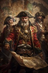 Fototapeta premium Three pirates in elaborate attire stand before an ancient map, deep in consultation, with an old-fashioned map in the background suggesting a tactical discussion or quest.