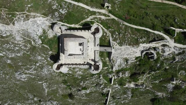 4K drone footage of Rocca Calascio which is a mountaintop fortress or rocca in the municipality of Calascio, in the Province of L'Aquila, Abruzzo