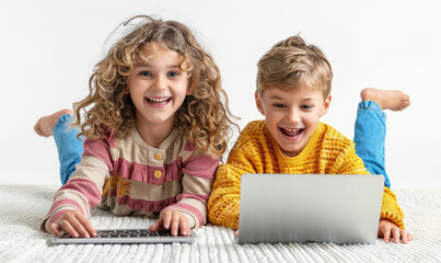 Two happy children using laptop computer while lying on carpet