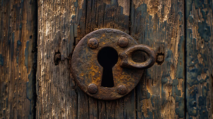 A keyhole on a wooden door.