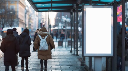 Fototapeta premium People walk down a city street near a bus stop with a blank advertisement display during a cold day.