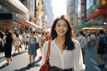 A woman is walking down a busy street with a red purse