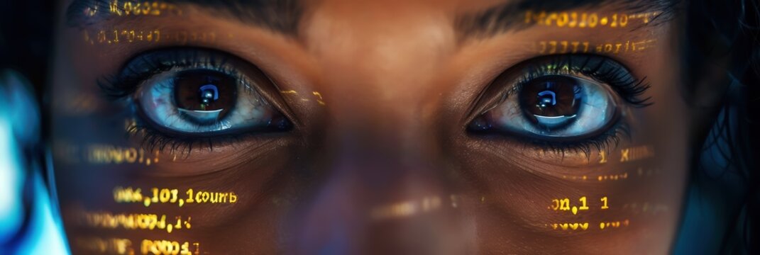 A close-up image of a person's eyes with computer code reflected on their lenses, symbolizing focus and immersion in technology.