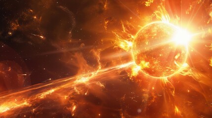A bright, fiery explosion in space, possibly a solar flare or a supernova, lighting up the surrounding area with intense orange and yellow hues.