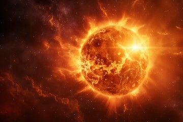 A fiery star, possibly our Sun, radiates intense heat and light in space, with surrounding gaseous formations and cosmic dust in a captivating celestial display.
