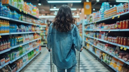 A person wearing a denim jacket is pushing a shopping cart down a grocery store aisle, with shelves stocked with various products on both sides.