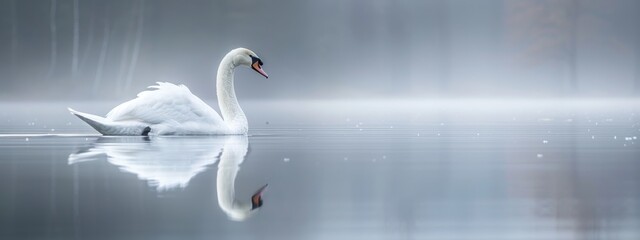 A majestic white swan gliding across the surface of a calm, reflective lake.