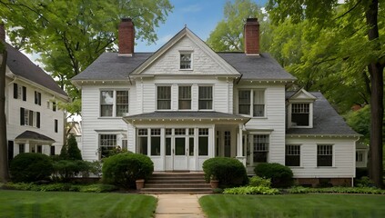 early 20th century white clapboard center entry colonial mansion with dormers with gable roofs in shaker heights, ohio