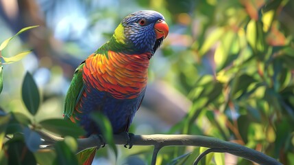 A rainbow lorikeet sitting in a tree in front of park very detailed and realistic shape