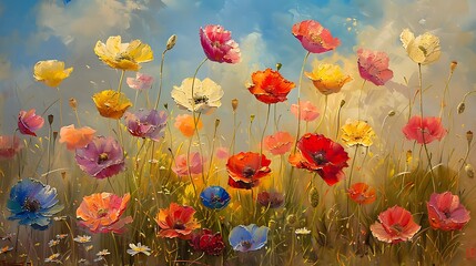 Colorful blooming poppies in the field