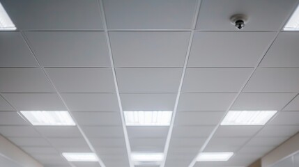 Modern office ceiling with fluorescent lighting and security camera