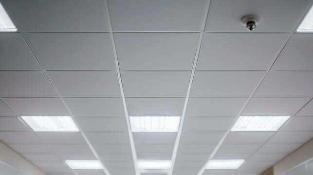 Modern office ceiling with fluorescent lighting and security camera