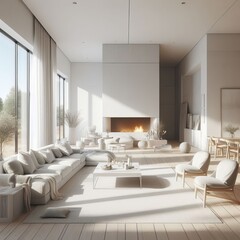Fototapeta premium A spacious, modern minimalist living room featuring a cozy fireplace, large windows allowing natural light, and elegant, simple furnishings. The bright, airy atmosphere creates a sense of tranquility