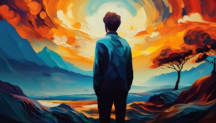 A lone male figure looking forward symbolizing hope and dreams with copy space