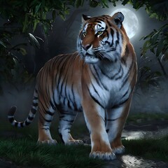 Fototapeta premium A majestic and realistic tiger stands tall in a lush, moonlit forest. The tiger's powerful muscles are accentuated as it gazes intentlyinto the distance. The fur is a stunning blend of orange and blac