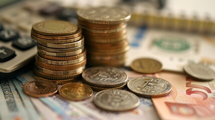 Financial Planning and Budgeting Concept with Coins, Banknotes, Calculator, and Notebook