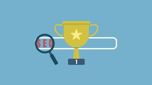 SEO concept animation with champion trophy icon as a best rank symbol