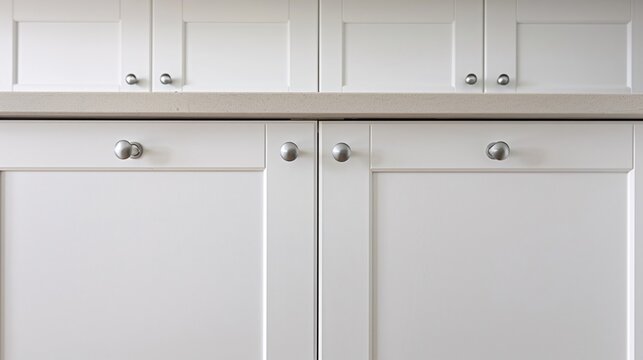 The kitchen cabinets are white and have silver knobs