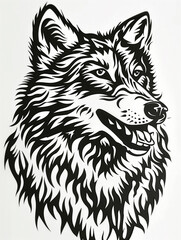 Fototapeta premium A black and white drawing of a wolf with a happy expression