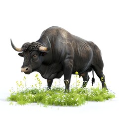 Obraz premium Majestic Taurus Bull Stands Tall in Verdant Meadow on Isolated White Background