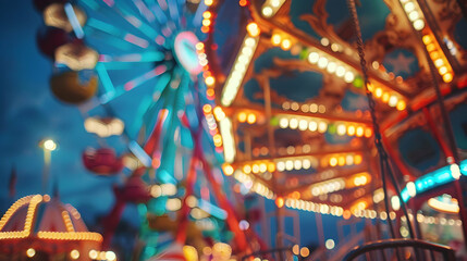 Fototapeta premium Abstract Blurred Ferris Wheel and Carousel Lights at Night Illustration
