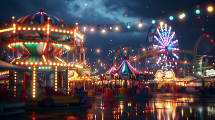 Fototapeta na wymiar Carnival Lights Reflecting in Wet Pavement 3D Illustration