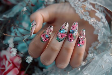A womans hand adorned with intricate floral designs on the nails